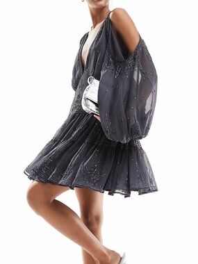 ASOS cold shoulder embellished tiered mini dress in dark gray size 10